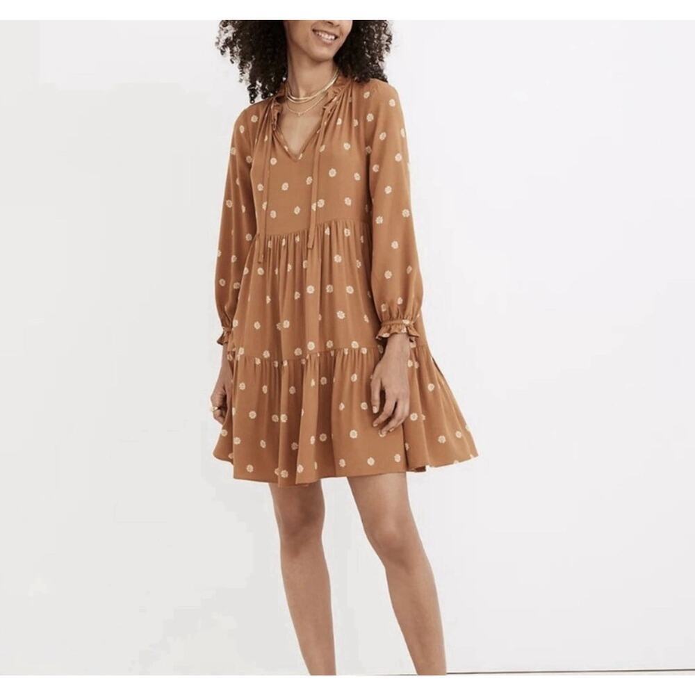 Madewell Women’s Brown Floral Tiered Mini Dress Long Sleeve Peasant Boho Size M